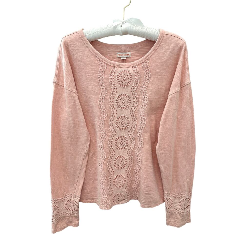 KNOX ROSE | Blush Pink Embroidered Boho Long Sleeve Top Cottagecore | Small
